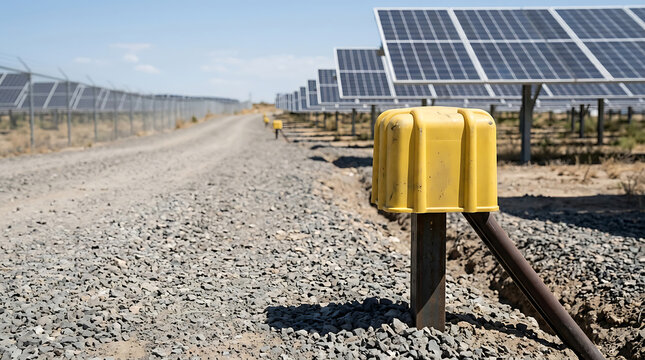 Yellow electrical junction box on a metal post at a large solar farm with rows of photovoltaic