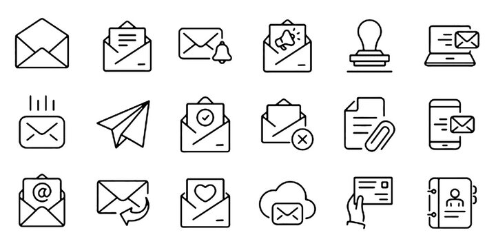 Collection of E-mail and Letter Linear Icons, Including mail, envelope, email, postal, letter sent, inbox, new mail, reply and forward mail.