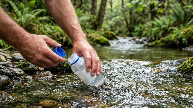 Environmental Water Sampling Concept, Hands Collecting River Water Sample in Plastic Bottle from Forest Stream