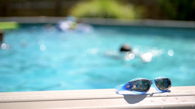 A pair of sunglasses rests along the edge of a bright blue backyard swimming pool while a swimmer moves through the softly blurred water behind them. This 4K video highlights summer relaxation
