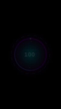 Sci-Fi holographic loading ring HUD interface on black background, 9:16 vertical mobile circular progress bar with percentage counting from 0 to 100 and neon glow effect.