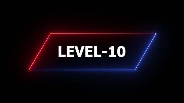 Glowing neon Level-10 text animation on black background. Game concept next level. Level Up text in the neon frame . Neon level up text animation .4k motion video.