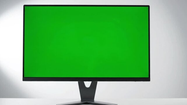 Modern computer monitor with a vibrant green screen for chroma key compositing against a clean white background, ready for digital content.