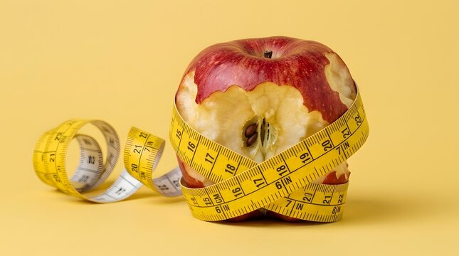 Red apple wrapped with measuring tape on yellow background, healthy weight loss concept