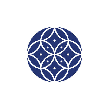 Geometric abstract blue and white circular pattern, ornamental motif with interlocking shapes, design element for decoration