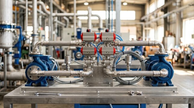 Pump selector automation with centrifugal pump casings, actuator valves, pressure sensors, braided hoses, and stainless fittings on a workbench.