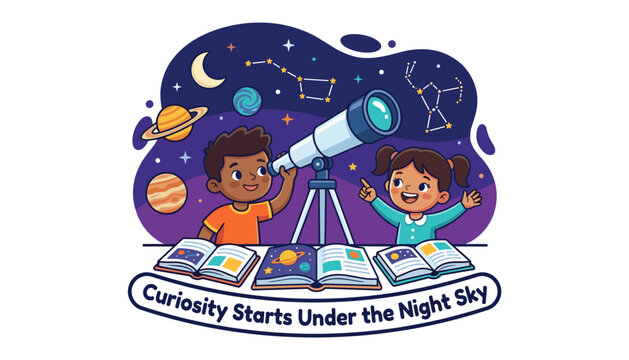 Children exploring space with a telescope and books, illustration of kids learning about astronomy, stars, planets, and constellations in the night sky