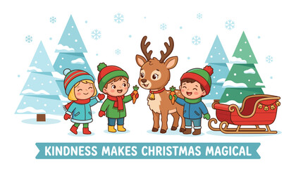 Naklejka premium Children feeding a cute reindeer with carrots in a snowy winter forest with christmas trees and a red sleigh, festive holiday illustration