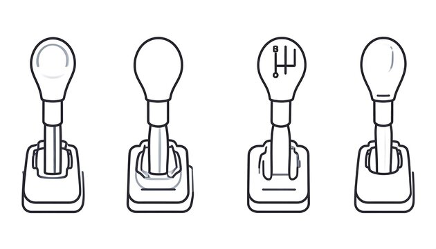 Line art of four different car gear shift levers. Each has a knob and base, one showing a pattern for gear position