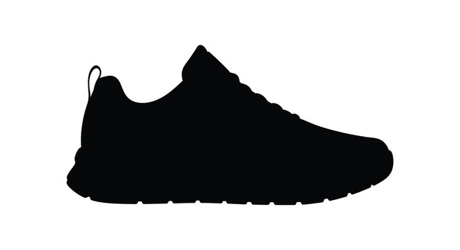 A black silhouette of a running shoe with textured sole and lace detailing isolated on white silhouette
