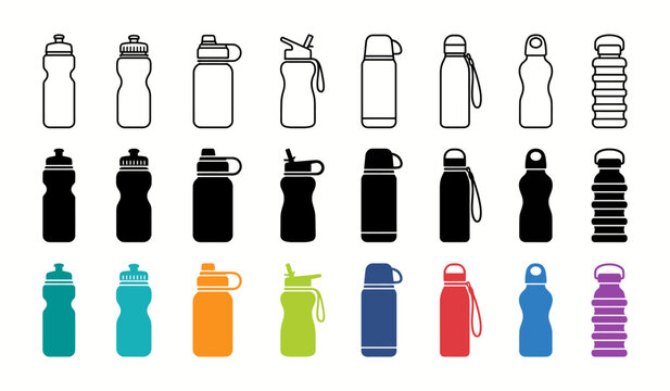 Collection of water bottle in outline, solid black, and colorful versions, various shapes of reusable drink containers on white background