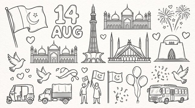 Black‑and‑white illustration for Pakistan Independence Day with flag, Minar‑e‑Pakistan, Badshahi Mosque, Quaid Mausoleum, fireworks, hearts, doves, rickshaws, truck, people waving flags, text &ldquo;14 AUG 