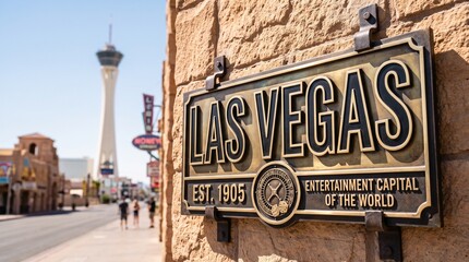 Obraz premium Las Vegas Sign with Stratosphere Tower Background