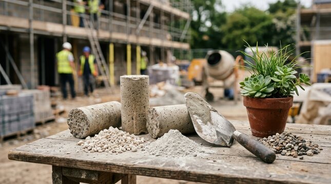 Low-carbon concrete core samples, crushed limestone, slag powder, plant, trowel, and aggregate for sustainable housing materials.