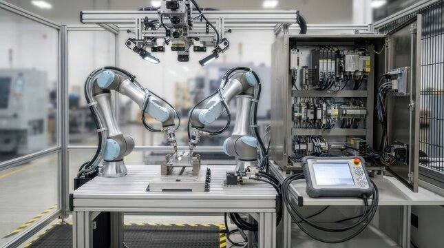 Robot control systems with twin robotic arms, servo drive cabinet, pendant controller, and sensor arrays in an industrial cell.