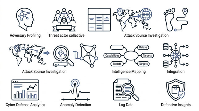 Collection of business and technology icons representing data analysis and security concepts.