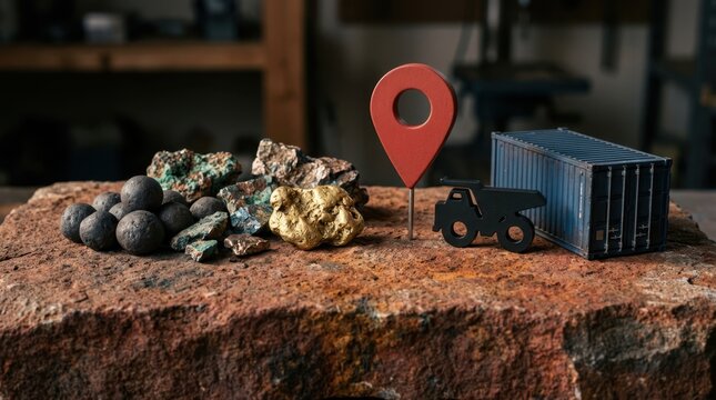 Iron ore pellets, copper fragments, and gold nugget beside a map pin, haul truck silhouette, and shipping container for mining export economics.