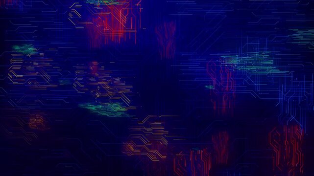 Multicolor digital circuit line visual with glowing red, yellow, green, and blue paths across dark tech space. Perfect for software videos, cyber screens, technology promos, and motion overlays.
