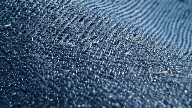 Slow motion tracking macro zoom of denim fabric revealing detailed weave and fibers on tabletop studio close up under soft daylight inspection for texture and quality
