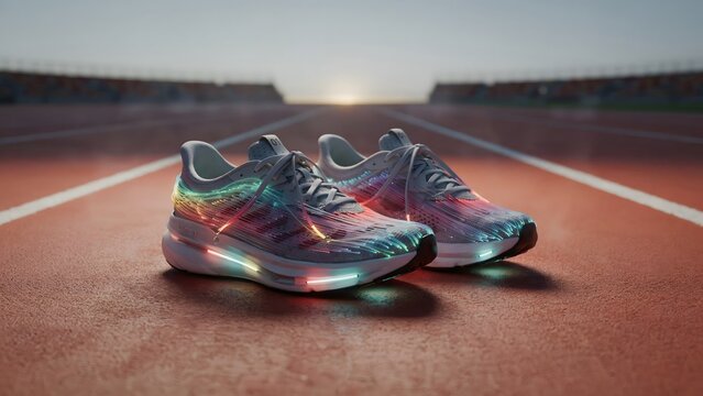 Glowing running shoes on running track &ndash; Perfect for marathon, fitness gear, and morning workout.