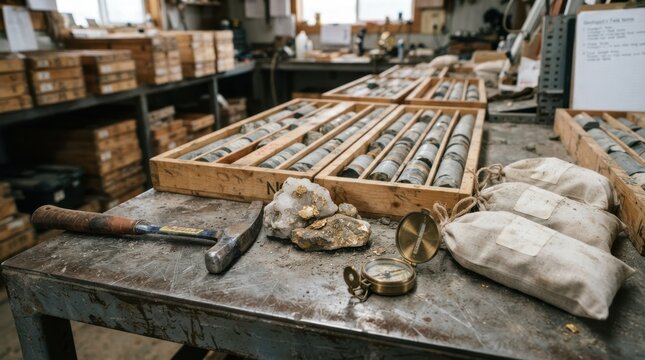 Gold ore, drill core boxes, assay sample bags, geological hammer, and brass compass on a weathered steel table for reserve growth and exploration.