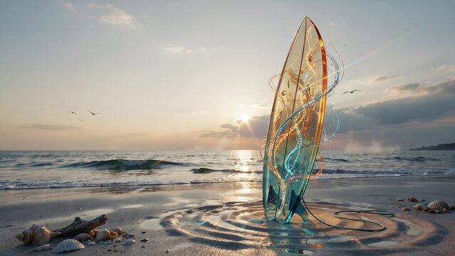 Translucent surfboard from ocean data streams &ndash; Perfect for surfing, ocean technology, and water sports.