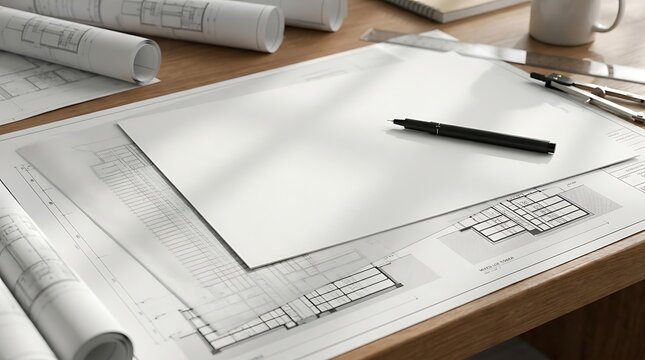 Overhead view of an architect's desk with rolled blueprints, a blank sheet of paper, and a pen, symbolizing the initiation of a new creative design project