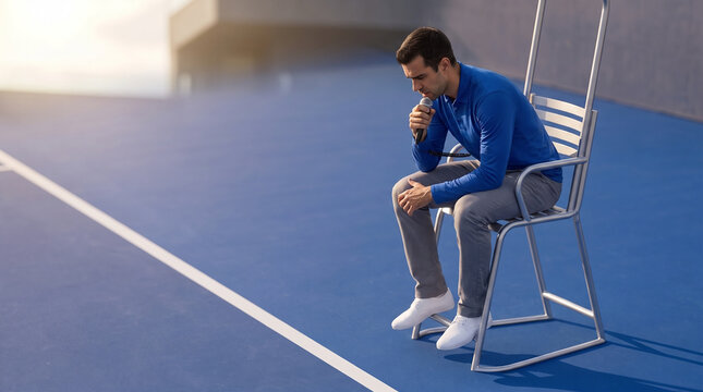 Tennis umpire sitting in high chair on blue tennis court  