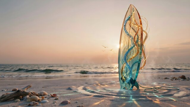 Resin surfboard materializing on sunrise beach &ndash; Ideal for surfing lifestyle, travel, and future tech.