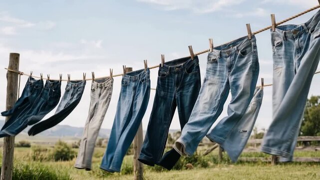 Slow pan tracking shot of jeans hanging and swaying on clothesline in rural field during daytime breezy summer with faded denim sunlight and pastoral backyard setting