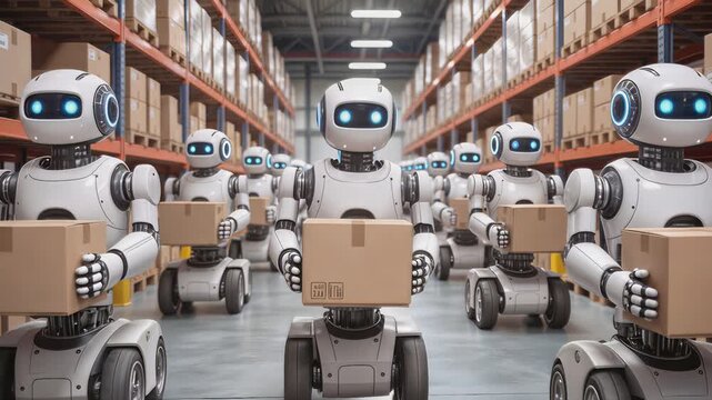 Robotic fleet transporting cardboard boxes through automated distribution center. Future of logistics and warehouse management. Panning camera shot.