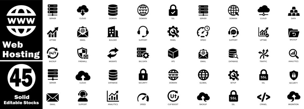 Web hosting vector icons set in solid style, cloud computing technology elements. Editable Stocks. Vector Illustration.