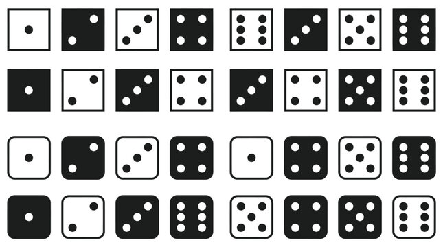 Set of black and white dice icons showing various numerical values on square flat faces