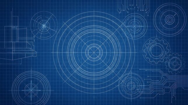 Blueprint background with detailed engineering schematics, gears, and circuit designs, representing the meticulous planning phase for innovation and development