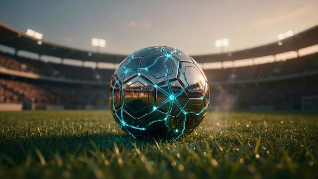 Metallic football with glowing neural circuitry &ndash; Perfect for sports innovation, football, and grass field.