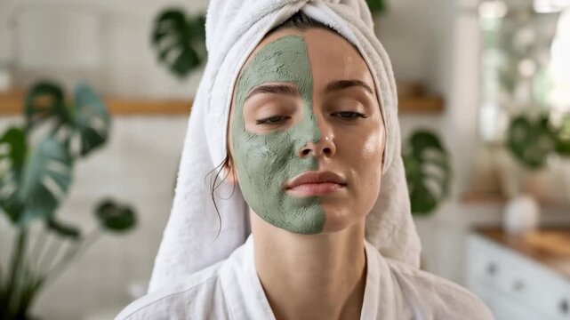 Slow dolly in shot of woman with green clay face mask on half of face wearing towel turban, eyes closing and head tilting while relaxing in bright home bathroom vanity interior