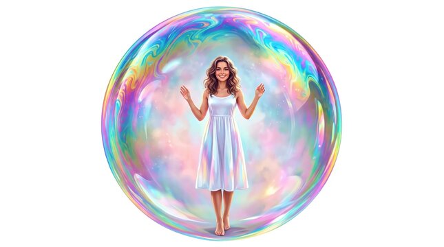 Woman in a Giant Iridescent Soap Bubble Isolated on White Background