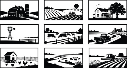 Agriculture and farm landscape silhouettes set featuring barns silos tractors windmills grazing cows vintage pickup trucks chicken coops and harvesters vector illustration templates. © shabbirahmed