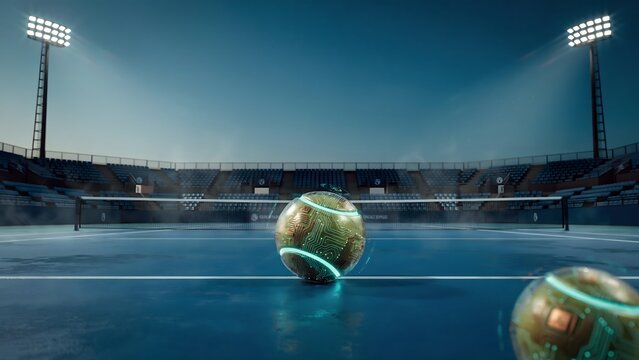Glowing tennis ball resting on baseline &ndash; Perfect for tennis matches, sports analytics, and court.
