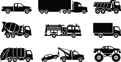 Truck silhouettes set featuring pickup semi trailer dump truck concrete mixer fire engine box truck garbage truck tow truck and monster truck vector templates. © shabbirahmed