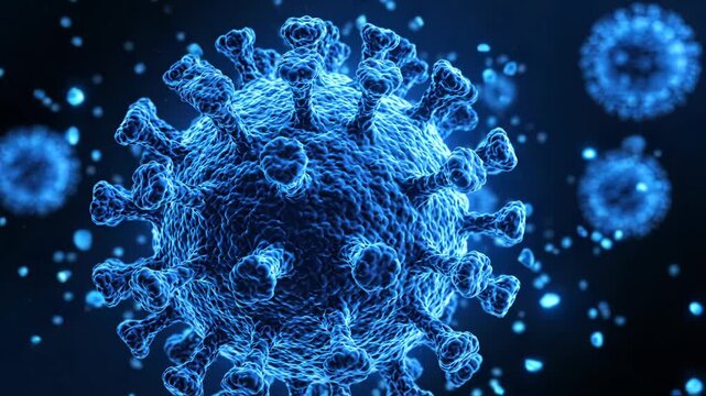 3d render of a coronavirus cell floating in a dark blue space, representing a viral pandemic or medical research concept