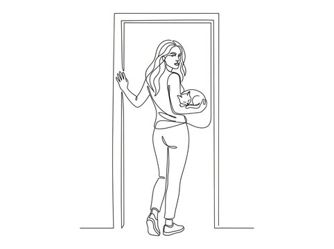 Continuous Line Drawing of Woman Carrying Cat and Entering a Doorway