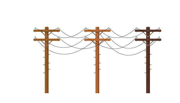 Wooden utility poles with electric power lines transmission cables and telephone wires vector illustration isolated on white background