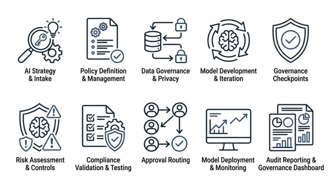 Collection of AI and data management icons for business and technology concepts.