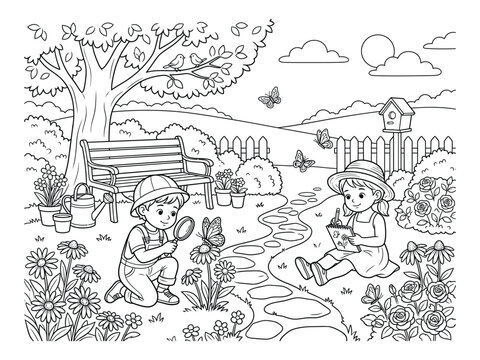 Intricate garden scene coloring pages design for kids and adults educational relaxing activity