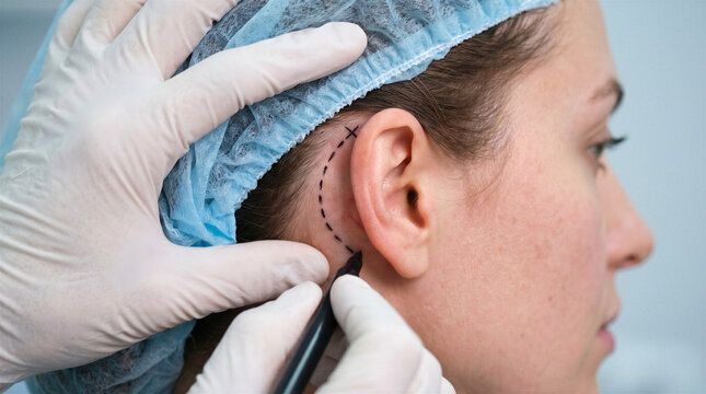 Plastic surgeon marking a planned incision behind a woman's ear before facelift surgery in a cosmetic medical clinic.