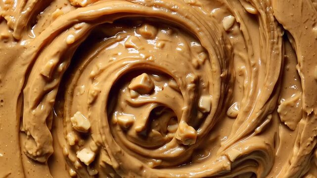 Slow motion tracking shot of creamy crunchy peanut butter being stirred and swirled on countertop in close up kitchen setting highlighting texture and glossy brown surface