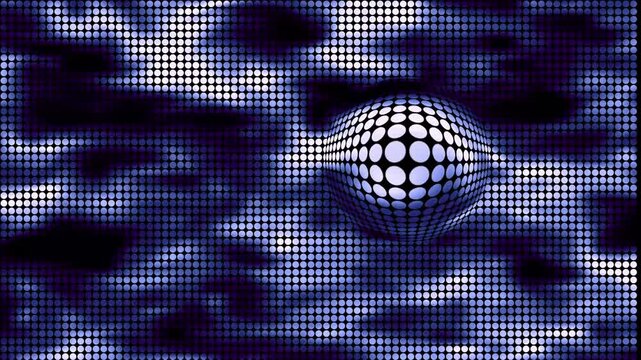 Abstract digital sphere moving across blue led dot matrix background, futuristic technology motion cyberpunk data visualization loop