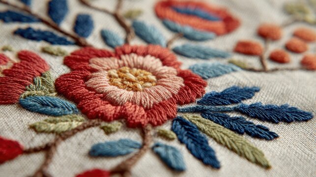 Floral embroidery on fabric. Hand stitched flower art. Textile craft.