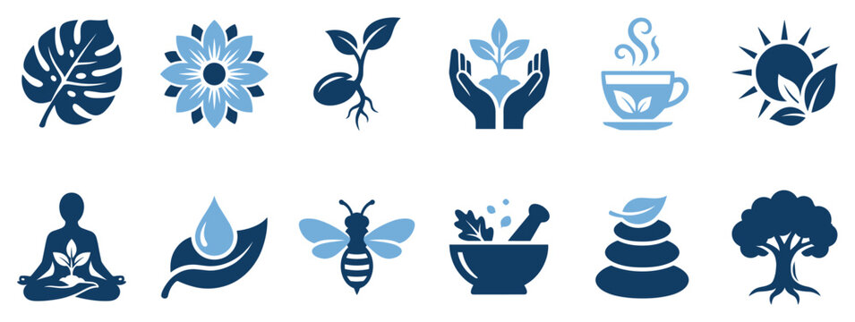 Nature and wellness icons set. Organic health and natural living concept. Includes monstera leaf, flower, sprout, hands holding plant, tea cup, sun with leaves, meditating person, water